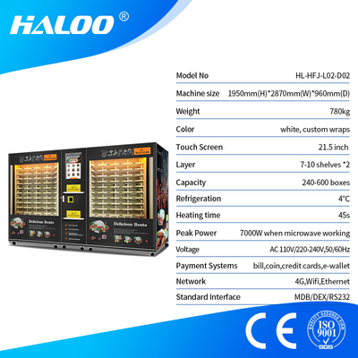 Large Capacity 2 Cabinets Hot Food Vending Machine with Microwave Heating and Smart Touch Screen