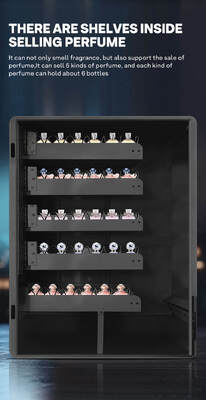 Haloo wall-mounted perfume spray vending machine can hold four different fragrances and features five sample buttons for tabletop use